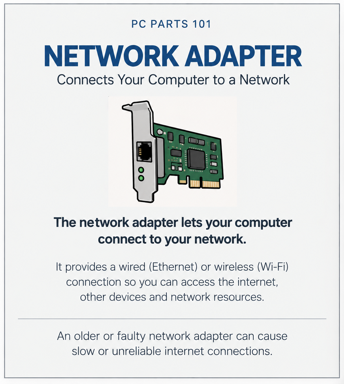 Network Adapter. Connects your computer to a network. It provides a wired Ethernet or wireless Wi-Fi connection so you can access the internet, other devices and network resources. An older or faulty network adapter can cause slow or unreliable internet connections.