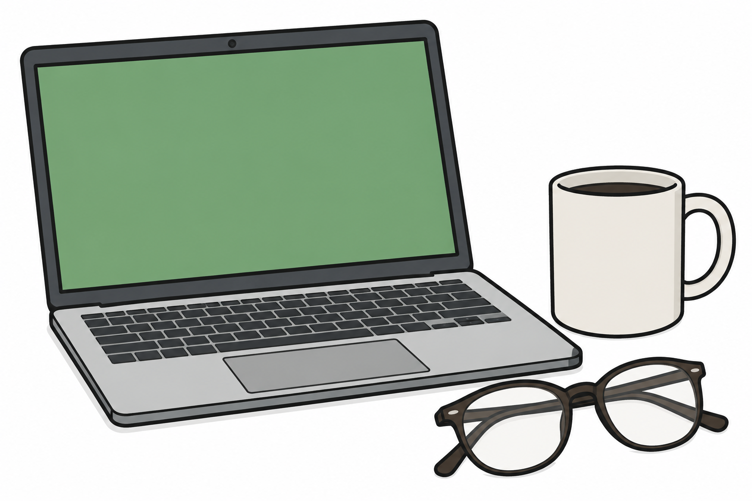 Clip-art laptop, old-fashioned eyeglasses and a plain coffee mug